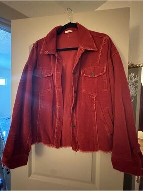 LA MIEL Red Corduroy Distressed Jean Jacket